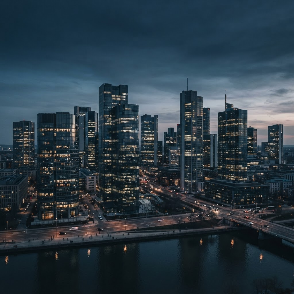 Modern business district skyline at dusk